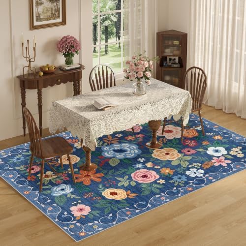 DUKINO 5x7 Area Rugs, Floral Washable Rug for Living Room Non Slip, Blue - Image 5