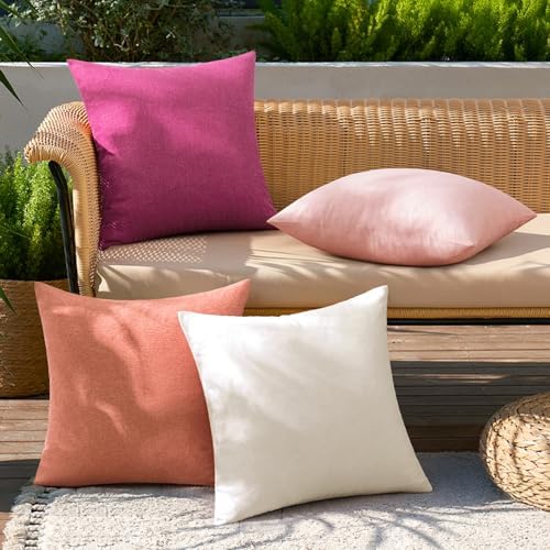 MIULEE Pack of 4 Decorative Outdoor Throw Pillow Covers Linen Waterproof Pillow Covers Summer Farmhouse Cushion Cases for Patio Garden Tent Balcony Couch Sofa 18x18 Inch Pink - Image 3