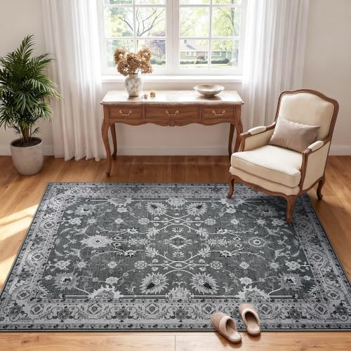 Hanples 3x5 Washable Rugs for Entryway, Vintage Floral Door Mat, Gray - Image 4