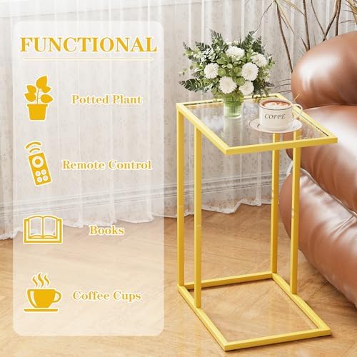 C Table Side End Table, Small C Shaped Table for Sofa,Glass Couch Sofa Tray Snack Table for Living Room, Bedroom,TV Tray Table for Small Space,Accent Coffee Table,Nightstand with Metal Frame(Yellow) - Image 4