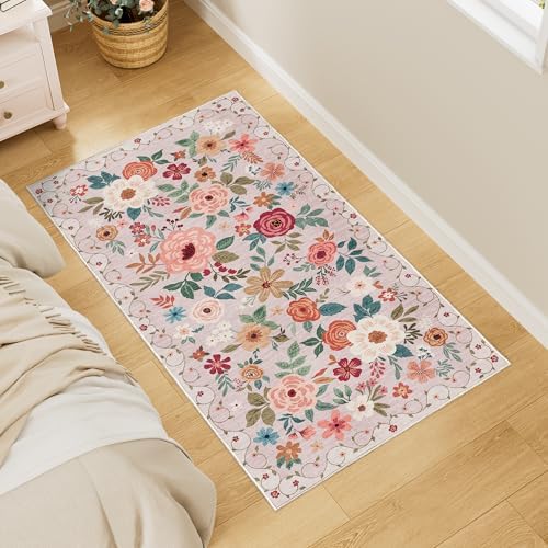 DUKINO 2x4 Entryway Rug, Floral Washable Kitchen Rugs Non Slip, Beige - Image 3