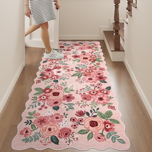 DUKINO 2x5 Washable Runner Rug, Floral Non Slip Rug for Kitchen, Pink - Image 4