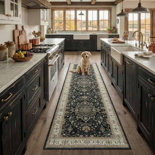 RELEANY Washable Area Rug, Runner 2'x8', Black/Vintage/Beige by RELEANY