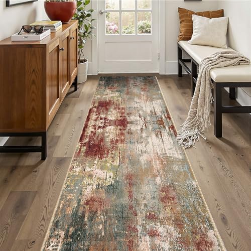 RELEANY Washable Runner 2'x10' Abstract Area Rug for Hallway Rustic Brown by RELEANY
