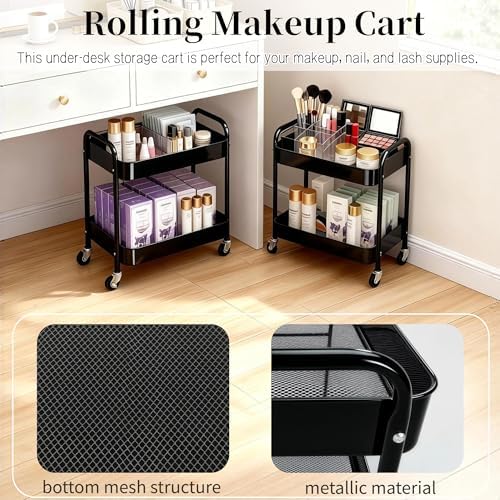 2 Tier Short Rolling Cart with Wheels for Under Desk Storage & Panrty Floor Organizer, Large Capacity Metal Kitchen Utility Cart, Sturdy Makeup Organizer for Small Space with 4 Hooks, Black - Image 4