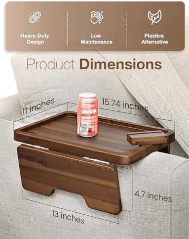 HOLANA 15.75" Acacia Couch Armrest Table with Phone Holder, Walnut Color - Image 2