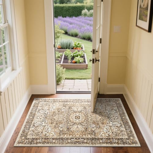 Hanples 2x3 Washable Rugs for Entryway, Vintage Floral Door Mat, Beige - Image 4
