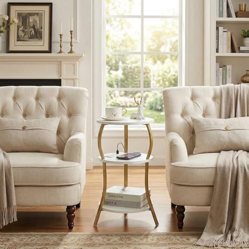 Small Round Side Table with Charging Station, 3-Tier Waist Circular End Table with Storage Shelf, Compact Tea Sofa Side Table Small Spaces, Round Corner Coffee Table for Living Room Bedroon,White+Gold - Image 2