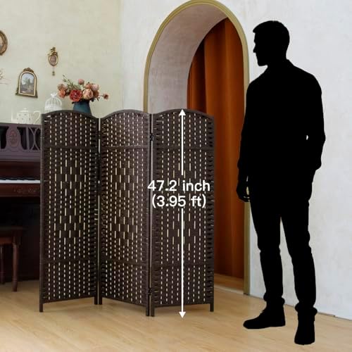 Compact 3 Panel Short Room Divider, 47.2 Inch Tall Double-Sided Rattan Folding Privacy Screen for Home & Office,Dark Brown - Image 2