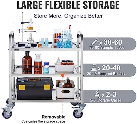 VEVOR Stainless Steel Cart, 3 Layers Lab Utility Cart 220 lbs Weight Capacity, Medical Cart with Lockable Universal Wheels, for Lab, Clinic, Kitchen, Salon - Image 5