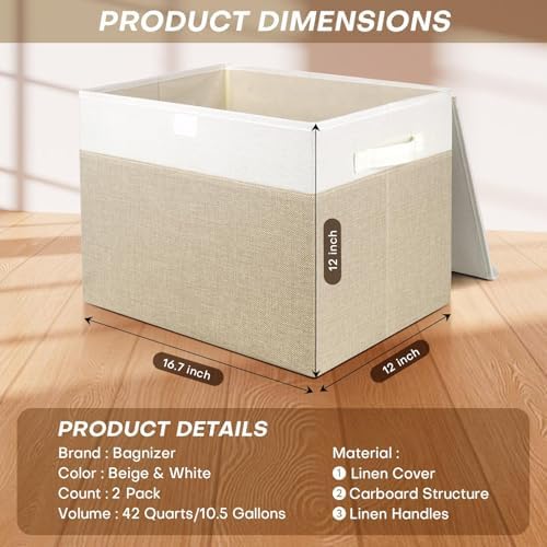 Bagnizer Large 42 Quarts Fabric Storage Bins with Lids [2-Pack] Linen Collapsible Foldable Baskets, Closet Organizer Containers boxes with Handles for Home Office (16.7 x 12 x 12, Beige & White) - Image 2