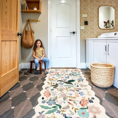 Washable 3x6 Hallway Runner Rug: Floral Scalloped Soft Runners for Entryway Kitchen Nursery Non Slip Bathroom Laundry Floor Mat Water Resistant Light Weight Carpet for Living Room Bedroom (3x6,Cream) - Image 4