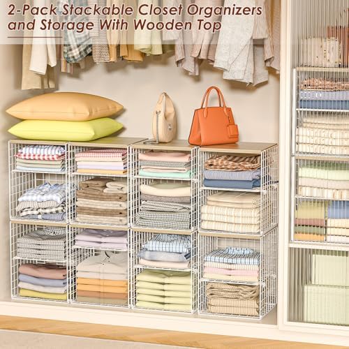 4-Tier Stackable Closet Organizers and Storage, Adjustable Dividers & Wood Top Storage Shelves for Clothes, Wardrobe & Closet Storage Basket Bins/Cube, Space-Saving Closet Organizer System, White - Image 2