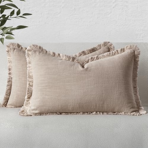 MIULEE Natural Linen Fringe Decorative Lumbar Throw Pillow Covers 12x20 by MIULEE