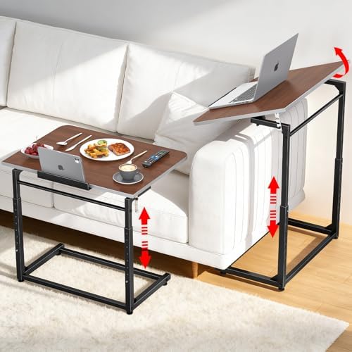 Extra Large TV Tray Table Set of 2, Heavy Duty C-Shaped Laptop Desk with 8-Level Height & 90° Tilt, Folding Overbed End Table for Couch and Bed, Walnut Finish with Phone/Tablet Slot for Small Spaces by Dataroad+Selead