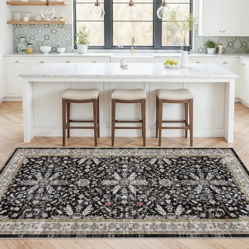 4x8 Rug Washable for Entryway Kitchen – Non-Slip Rubber Backed Area Rug for Hallway Bedroom Living Room Office,Boho Floral Low Pile Thin Floor Indoor Mat (Black,4x8) - Image 3