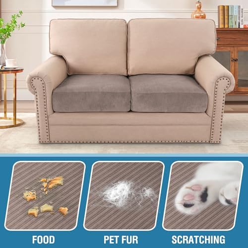 H.VERSAILTEX Velvet Stretch Couch Cushion Cover Plush Cushion Slipcover for Chair Loveseat Sofa Cushion Furniture Protector Seat Cushion Sofa Cover (2 Piece Large Sofa Cushion Covers, Taupe Striped) - Image 3