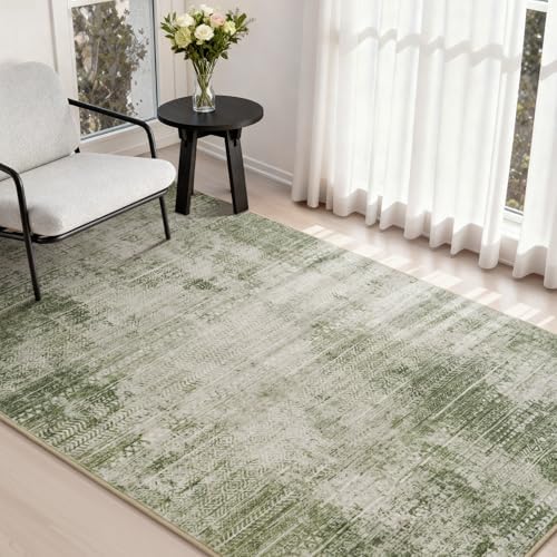 3 x 5 Rug Small Non Slip Machine Washable Rug Distressed Abstract Soft Indoor Carpet Neutral Boho Rug for Bedroom Living Room Entryway Kitchen Bedside, Green by Tchdio