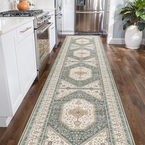 Puino 2x10 Washable Hallway Runner Rug - Non-Slip Vintage Rugs Green Beige - Image 2