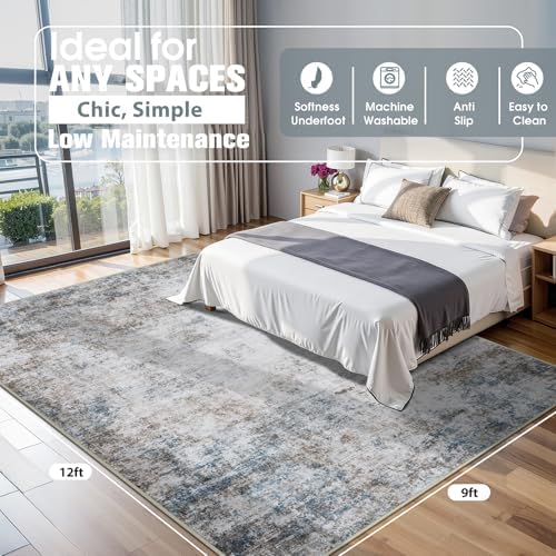 9x12 Area Rugs for Living Room Washable Bedroom Dining Room Brown Blue - Image 2