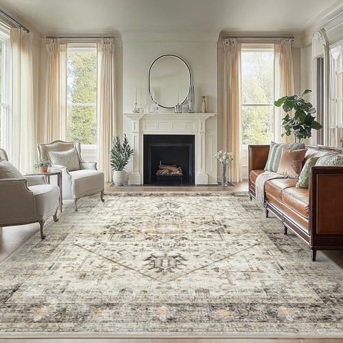 AMADA HOMEFURNISHING Washable Area Rug, Low-Profile Large Area Rug with Non-Slip Backing & Durable Edge Binding, Vintage Large Rugs for Living Room, Bedroom, Dinning Room, 8x10, Grey/Beige by AMADAHOMEFURNISHING