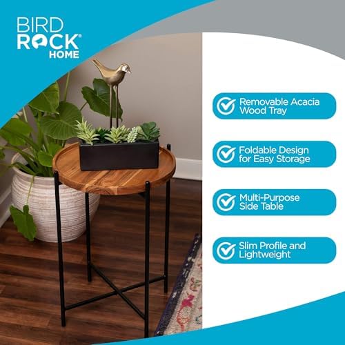 BIRDROCK HOME Folding Side Table with Removable Wood Tray - Modern Accent, Foldable End Table for Living Room, Bedroom - Portable Serving Tray for Decoration, Coffee, Drinks & Food - Natural Acacia - Image 4