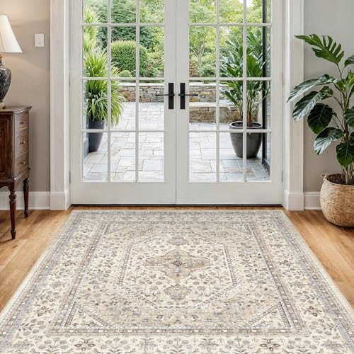 Puino 4x4 Square Washable Area Rug - Non-Slip Vintage Throw Rugs Beige Gray by Puino