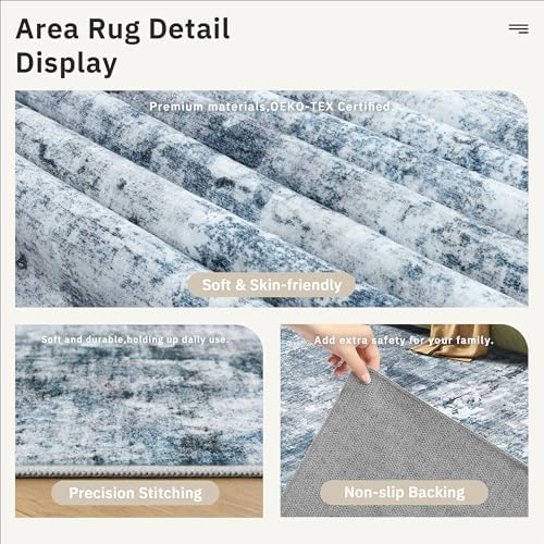 Soalmost Abstract Rug 8x12 Large Living Room Area Rugs Washable Blue/Grey - Image 6