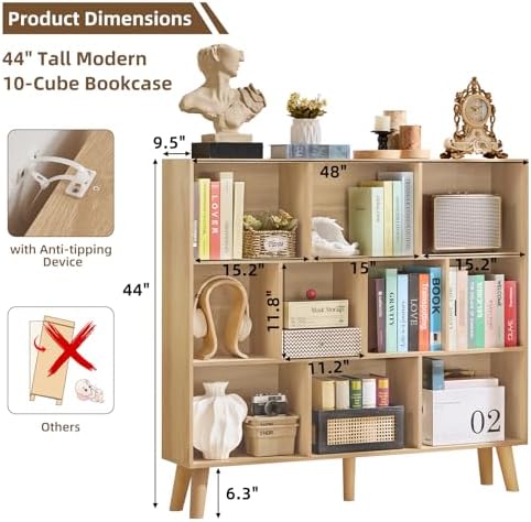 LEYAOYAO 10 Cube Bookshelf,Mid-Century Modern Bookcase with Legs,Light Wood - Image 2