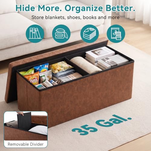 OLIXIS 43 Inch Folding Storage Ottoman Bench, Brown Ottoman with Storage - Image 5