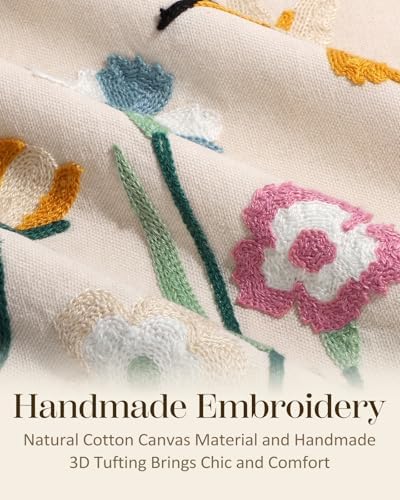 Embroidered Throw Pillow Cover 18x18 Inch - Spring Summer Boho Decorative Pillow Cover with Zipper for Living Room Couch Sofa Bed Aesthetic Design Flower Bird Cushion Pillowcase (Pack of 2) - Image 2