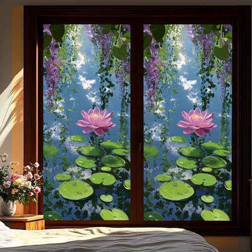 Decorative Scenic Frosted Window Film, Stained Glass Style Privacy Film, UV-Resistant Static Cling Film Suitable for Bathroom and Kitchen Glass (Lotus, 17.51x39.37 inches) by KKYEJLQYI