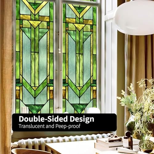 Original Hand Drawn Faux Stained Glass Window Film, Double-Sided Privacy Static Film, Vibrant Chartreuse Geometry Patterns Inspired by Martin House Peep Proof 22.83"X114.17" - Image 6