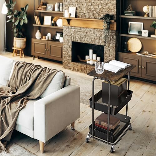 Simple Houseware 2-Tier Utility Cart Wood Top/Lockable Wheel, Rustic Brown - Image 5