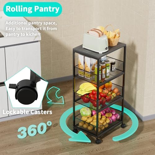 HapiRm Fruit Basket Kitchen Cart - 4-Tier Rolling Storage Cart with Wheels, Fruit Vegetable Basket with Wood Top, Pantry Utility Kitchen Organizer for Fruit Potato Onion Vegetable Bread Snack - Image 6