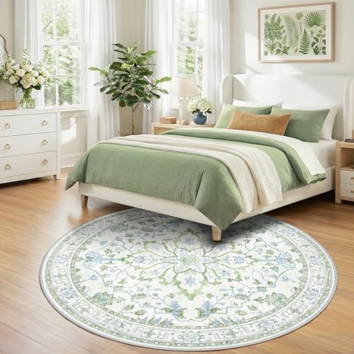 RELEANY Washable Area Rug, Round 7ft, Green/White/Blue - Image 2