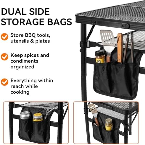 2Ft Foldable Grill Table for Camping, Portable Metal Mesh BBQTable with Dual Side Storage Bags, Lightweight Folding Outdoor Cooking Table for Picnic, RV Travel, Beach & Backyard BBQ - Image 5