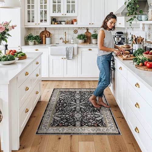 3x4 Entryway Rug Washable Non-Slip–Boho Floral Stain-Resistant Small Area Rug for Kitchen Bedroom Bathroom – Soft Low-Pile Thin Indoor Door Mat (Black,3x4) - Image 3