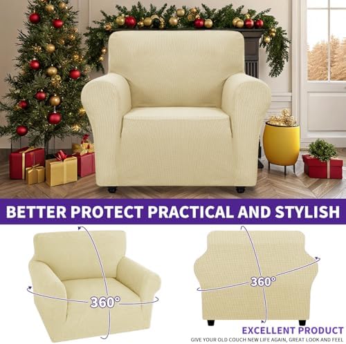 ZNSAYOTX Super Stretch Chair Slipcover Universal Sofa Chair Covers for Living Room Dogs Pet Furniture Protector Spandex Armchair Slipcovers with Anti Slip Foam Sticks (Beige, Chair) - Image 2
