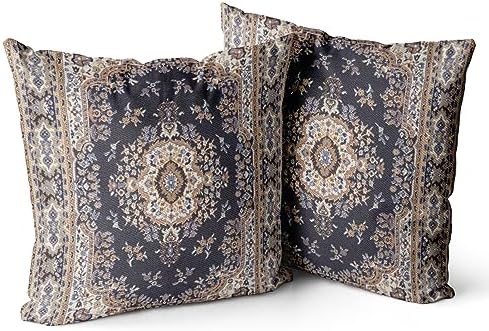 Snycler Boho Throw Pillow Covers 16x16 inch Set of 2 Black Medallion Border Area Rug Double Sided Pattern Cotton Soft Pillow Case Cushion Cover Pillowcase for Couch Sofa Bed Decorative by Snycler