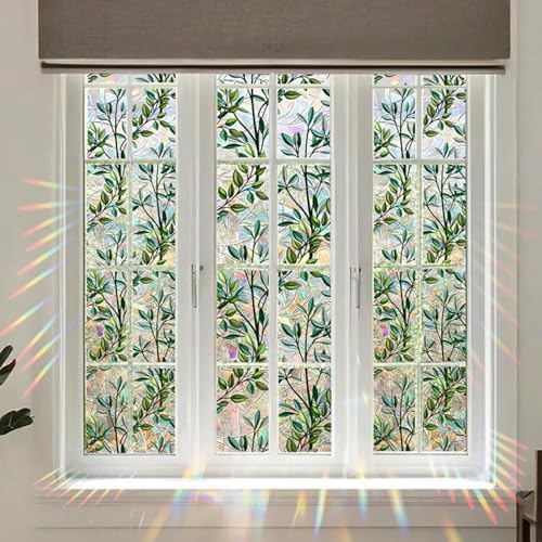 Retro Flowers Window Privacy Film, Magnolia Stained Glass Decorative Window Film for Glass, Rainbow Stained Window Cling Sticker Floral Removable Static Cling for Window (1, Green Leaves, 17x157.5in) - Image 2