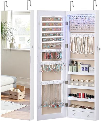 GISSAR Full Length Mirror Jewelry Cabinet, 6 LEDs Jewelry Armoire Wall Mounted Over The Door Hanging, Jewelry Organizer Storage with Lights Lockable, White Surface with Beige Lining, 14.6" x 47.2" by GISSAR