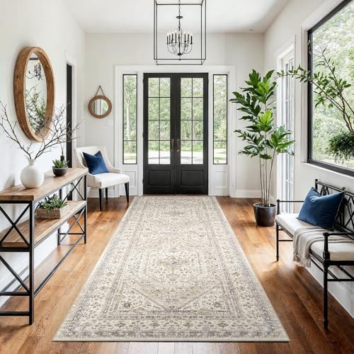 4x8 Washable Hallway Runner Rug - Non-Slip Vintage Kitchen Rugs Beige Gray - Image 3