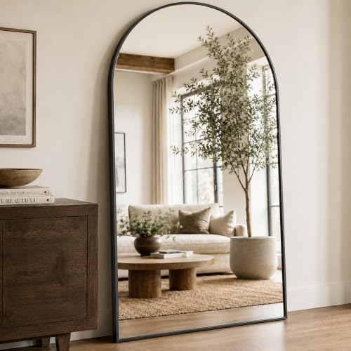 90''x46'' Oversized Full Length Mirrors, Arched Floor Mirror with Stand, Full Body Large Oversized Standing Mirror/Leaning/Hanging Wall Mounted for Living Room, Bedroom, Black by TinyTimes