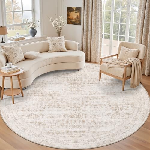 Round Area Rug for Living Room: 6ft Boho Washable Rug Beige Brown by EXPEDIX