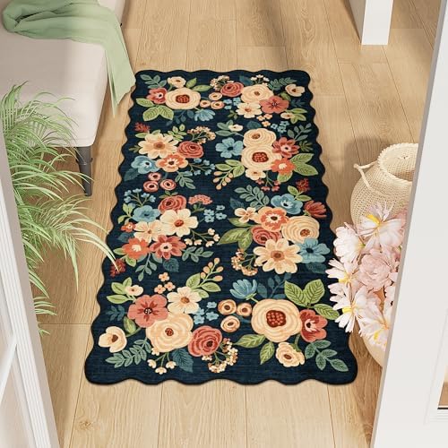 DUKINO 2x4 Rug for Entryway, Floral Washable Kitchen Rugs, Navy Blue by DUKINO