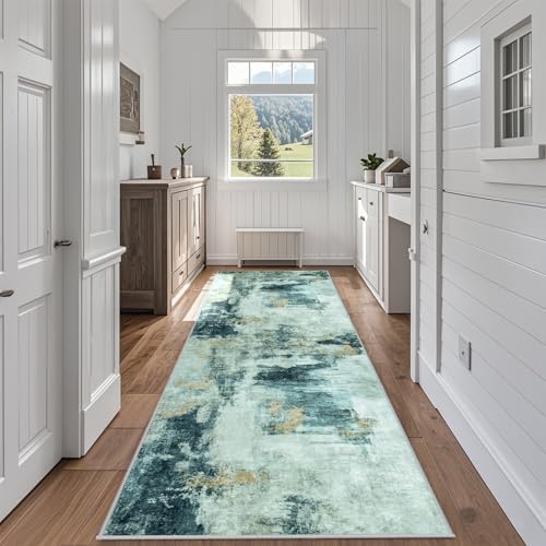 Runner Rugs for Hallways Kitchen 2.6x8 Non Slip Washable Teal Grey Gold by Aelenmu
