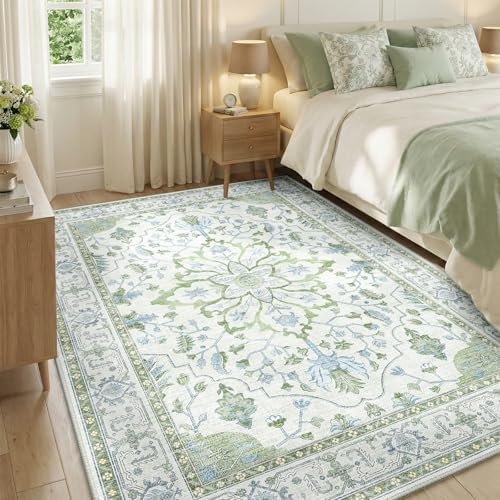 RELEANY Washable Area Rug, 5'x8', Green/White/Blue - Image 2