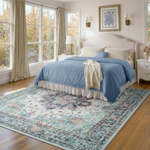 RELEANY Washable Area Rug, Square 8'x8', Teal Green/White/Navy - Image 2