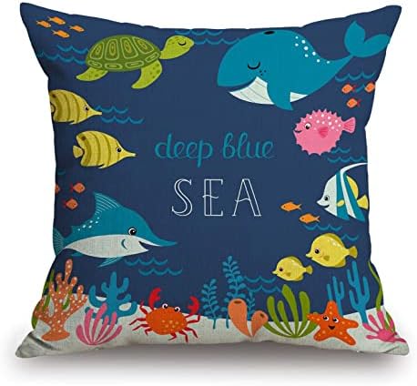 Cartoon Fish Whale Throw Pillow Cover 18 x 18 Inch, Cartoon Underwater Ocean Theme Sea Animal Nature Shark Turtle Decor Linen Cushion Cover for Sofa Couch Bed by TSSOHU